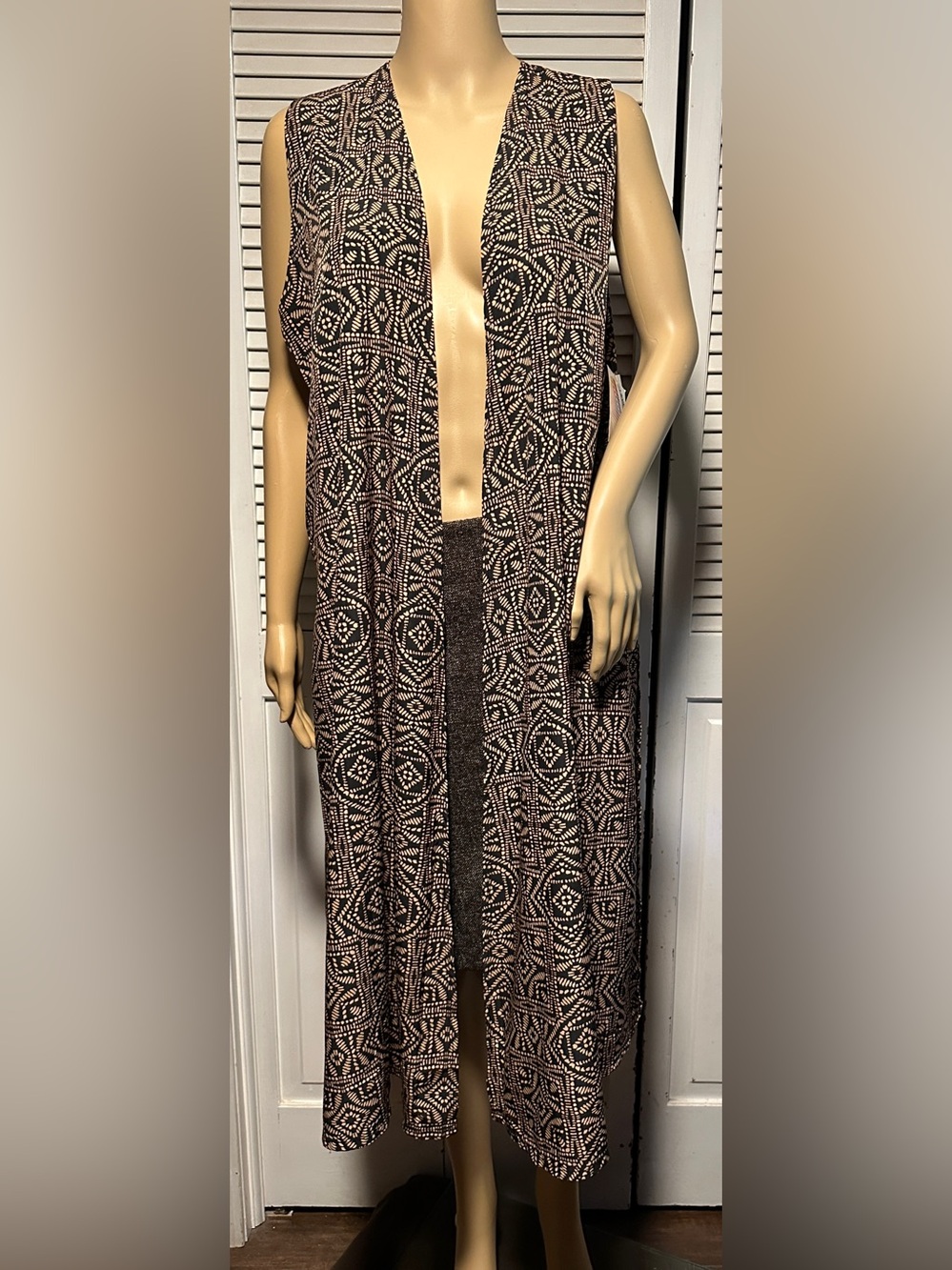 NWT Lularoe Joy Boho Satin Duster Vest Brown Geometric Sleeveless Large